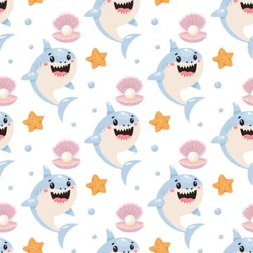 Seamless cartoon pattern with smiling sharks, pink clamshells, pearls, and .. Illustrazione stock