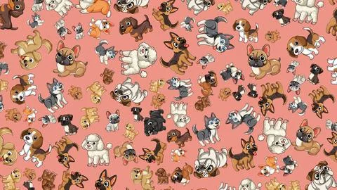 Seamless Cartoon Pattern of Various Dog Breeds on Pink Background イラスト素材