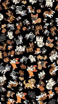 Seamless Cartoon Pattern with Various Popular Dog Breeds on Black Background 스톡 일러스트