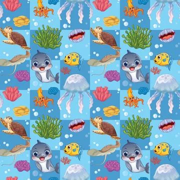 Seamless Cartoon Sea Life Pattern with Dolphin Turtle and Jellyfish Stock Illustration