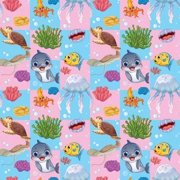 Seamless Cartoon Sea Life Pattern on Pink and Blue Checkered Background 스톡 일러스트