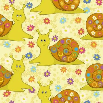 Seamless, cartoon snail and flowers Stock Illustration