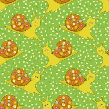 Seamless, cartoon snail and flowers Stock Illustration