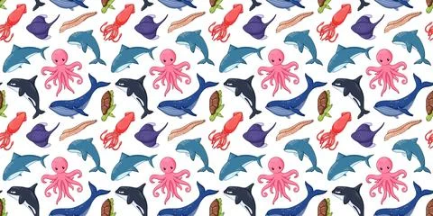 Seamless cartoon style seamless pattern with humpback whale, shark, stingray Stock Illustration
