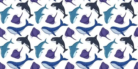 Seamless cartoon style seamless pattern with humpback whale, shark, stingray Stock Illustration