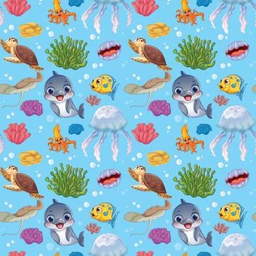 Seamless Cartoon Underwater Pattern with Cute Sea Creatures and Coral Reef Stock Illustration