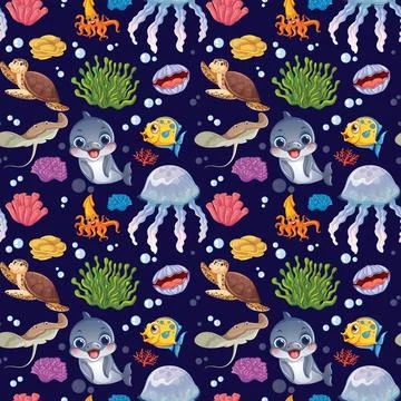 Seamless Cartoon Underwater Pattern with Sea Animals and Coral Reef Illustrazione stock