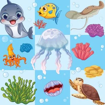 Seamless Cartoon Underwater Pattern with Sea Creatures and Coral Reef Stock Illustration