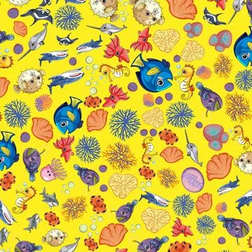 Seamless Cartoon Vector Pattern with Colorful Ocean Animals and Coral Reef Stock Illustration