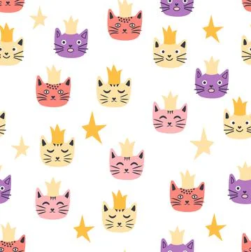 Seamless cat princess pattern. Cute princess cats seamless pattern, little ki Stock Illustration