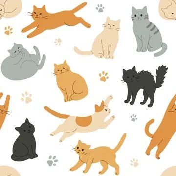 Seamless cats pattern in flat vector style Stock Illustration