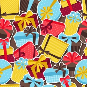Seamless celebration pattern with sticker gift boxes Stock Illustration