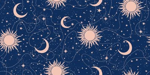 Seamless celestial background with stars, sun and moon. Blue seamless Illustrazione stock