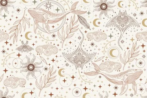 Seamless celestial esoteric pattern boho illustration Stock Illustration