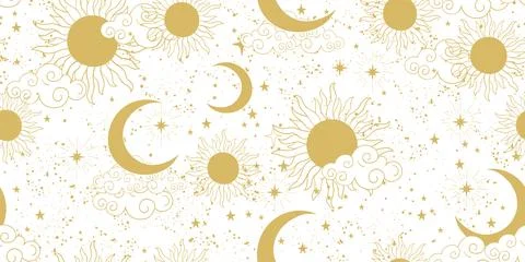 Seamless celestial golden pattern on a white background, golden sun and moon Stock Illustration