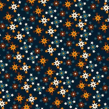 Seamless Celestial Pattern with Colorful Geometric Stars on Deep Navy Blue Stock Illustration