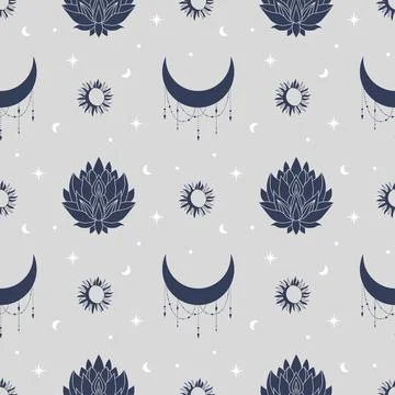 Seamless celestial pattern with crescent moon and lotus flower. Boho magic Stock Illustration