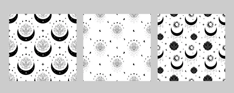 Seamless celestial pattern with crescent moon and sun and stars. Boho magic Stock Illustration