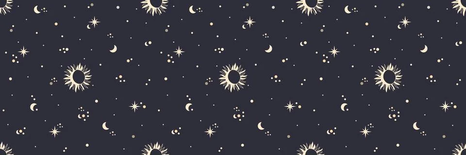Seamless celestial pattern with crescent moon and sun and stars. Boho magic Stock Illustration