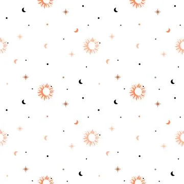 Seamless celestial pattern with crescent moon and sun and stars. Boho magic Stock Illustration