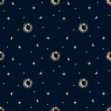 Seamless celestial pattern with crescent moon and sun and stars. Boho magic Stock Illustration