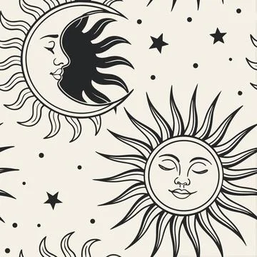 Seamless celestial pattern featuring stylized sun Stock Illustration