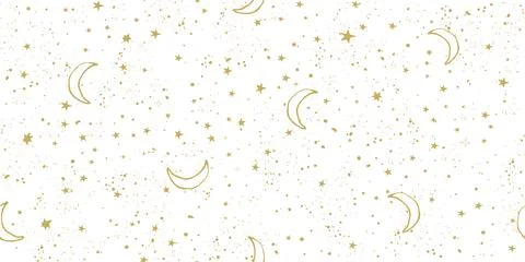 Seamless celestial pattern with golden stars and moon on white sky, astrological Stock Illustration