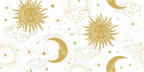 Seamless celestial pattern with golden sun and crescent moon on white background Stock Illustration