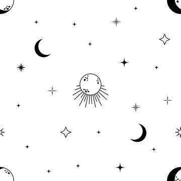 Seamless celestial pattern with moons and stars. Mystic black and white vecto Stock Illustration