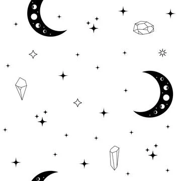 Seamless celestial pattern with moons, stars and crystals. Mystic black and w Stock Illustration