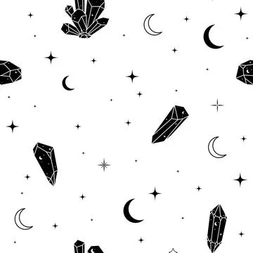 Seamless celestial pattern with moons, stars and crystals. Mystic black and w Stock Illustration