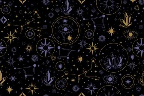 Seamless celestial pattern with star constellation and moon dark vector Stockillustratie