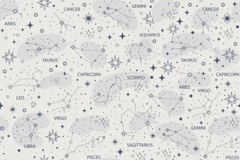 Seamless celestial pattern with star constellations and text vector 스톡 일러스트