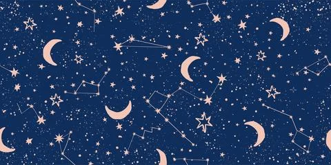 Seamless celestial pattern with stars and moon on blue sky, astrological ba.. Stock Illustration