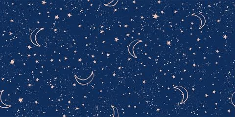 Seamless celestial pattern with stars and moon on blue sky, astrological back Stock Illustration