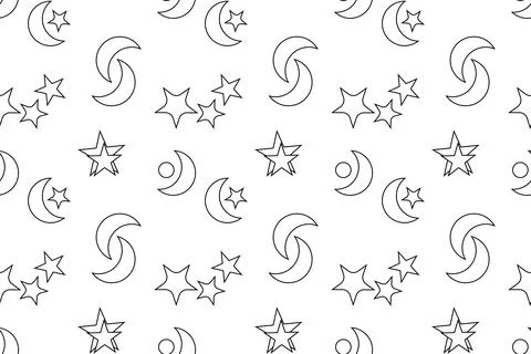 Seamless celestial pattern with stars, moons, and circles for coloring Stock Illustration