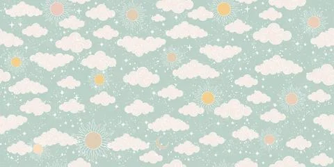 Seamless celestial pattern with sun, moon, stars and clouds. Cute background for Stock Illustration