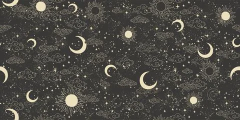 Seamless celestial pattern with sun, moon and stars on black background Ilustração Stock