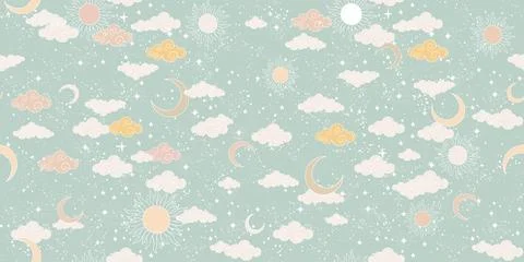 Seamless celestial pattern with sun, moon, stars and clouds. Cute background  Illustrazione stock