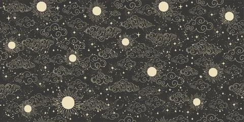Seamless celestial pattern with sun, moon and stars on black background, my.. Stock Illustration