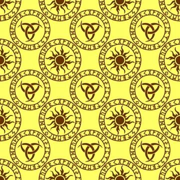 Seamless celtic pattern of brown round elements on a yellow background 스톡 일러스트