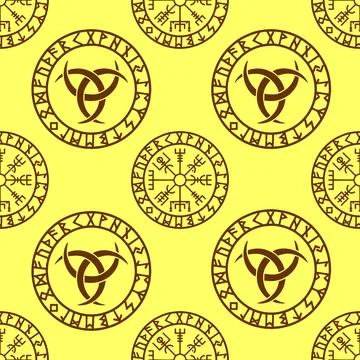 Seamless celtic pattern of brown round elements on a yellow background, tex.. Stock Illustration