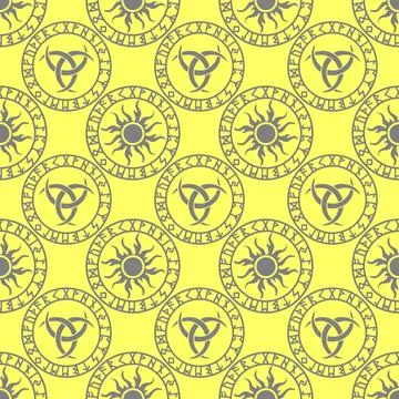 Seamless celtic pattern of gray round elements on a yellow background, text.. Stock Illustration