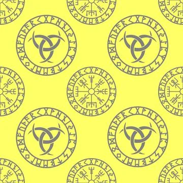 Seamless celtic pattern of gray round elements on a yellow background, text.. Stock Illustration