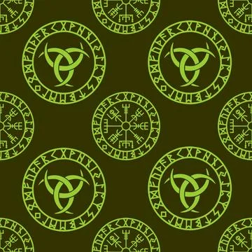 Seamless celtic pattern of olive round elements on an green background 스톡 일러스트