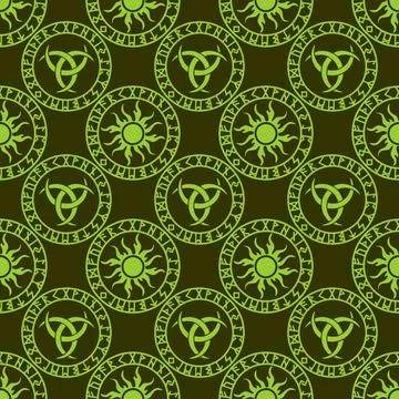 Seamless celtic pattern of olive round elements on an green background, tex.. Stock Illustration