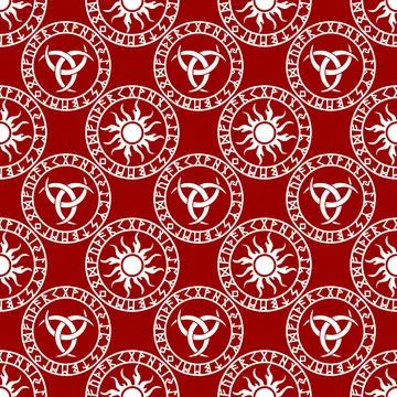 Seamless celtic pattern of white round elements on a red background, textur.. Stock Illustration