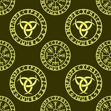 Seamless celtic pattern of yellow round elements on a green background Stock Illustration