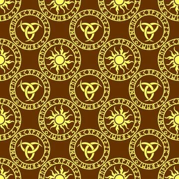 Seamless celtic pattern of yellow round elements on a brown background, tex.. 스톡 일러스트