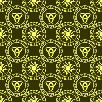 Seamless celtic pattern of yellow round elements on a green background, tex.. Stock Illustration